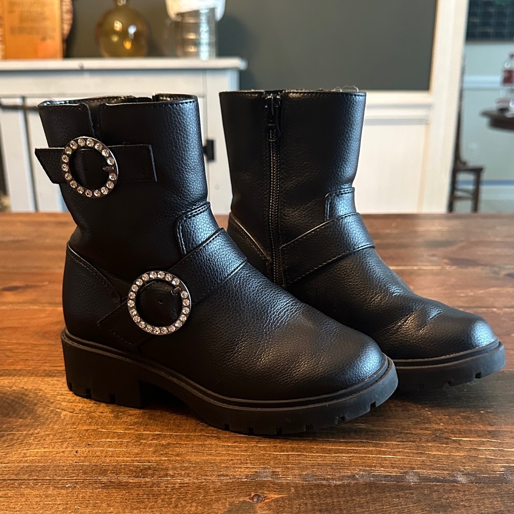 art class Black Girls' Rhinestone Buckle Moto Boots